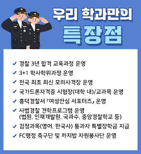 우리 학과만의 특장점
경찰 3년 합격 교육과정 운영
3+1 학사학위과정 운영
전국 최초 최신 모의사격장 운영
국가드론자격증 시험장(대학 내)/교과목 운영
흥덕경찰서 『여성안심 서포터즈』 운영
사법경찰 견학프로그램 운영(법원, 인재개발원, 국과수, 중앙경찰학교 등)
검정과목(영어, 한국사) 통과자 특별장학금 지급
FC행정 축구단 및 까치밥 자원봉사단 운영