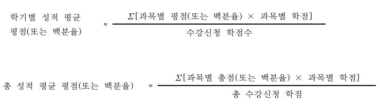 학기별 성적 평균 평점(또는 백분율) =Σ[과목별 평점(또는 백분율) × 과목별 학점]/ 수강신청 학점수, 총 성적 평균 평점(또는 백분율) = Σ[과목별 총점(또는 백분율) × 과목별 학점] / 총 수강신청 학점 